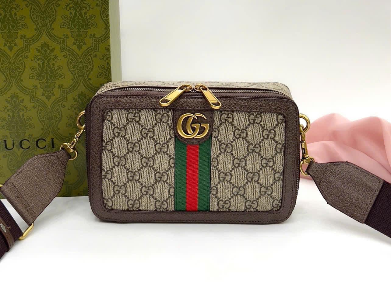 Túi hộp đeo chéo Gucci GC Nâu họa tiết monogram logo GG kẻ sọc Xanh Đỏ size 23x7.5x14.5cm Like Auth on web fullbox bill thẻ PLD